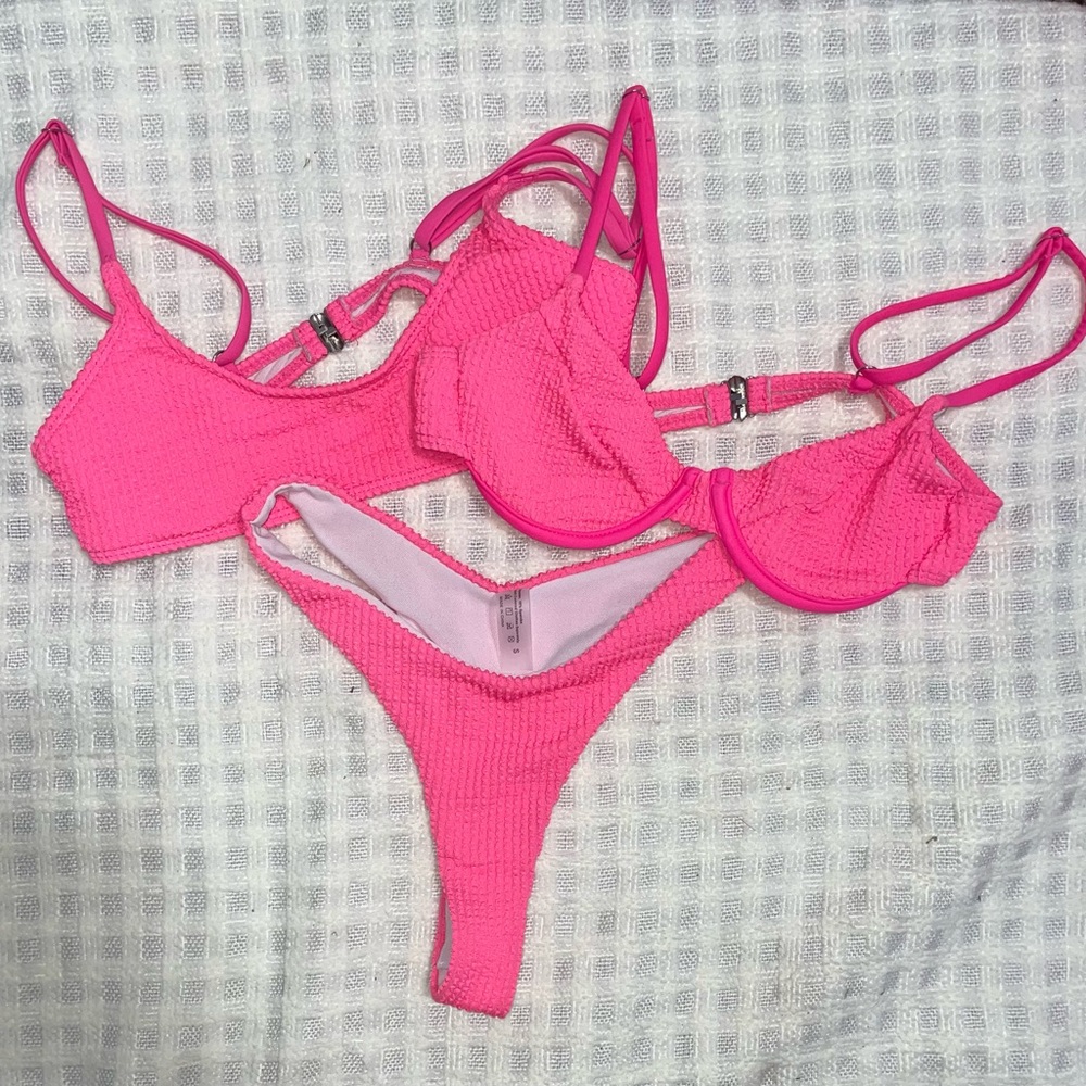 Shein hot pink textured 3 piece swimsuit set